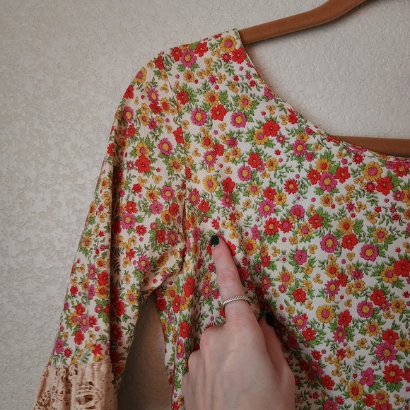 GARY JAY x VINTAGE 60's micro floral cottagecore midi dress ruffle lace sleeve - Picture 6 of 11